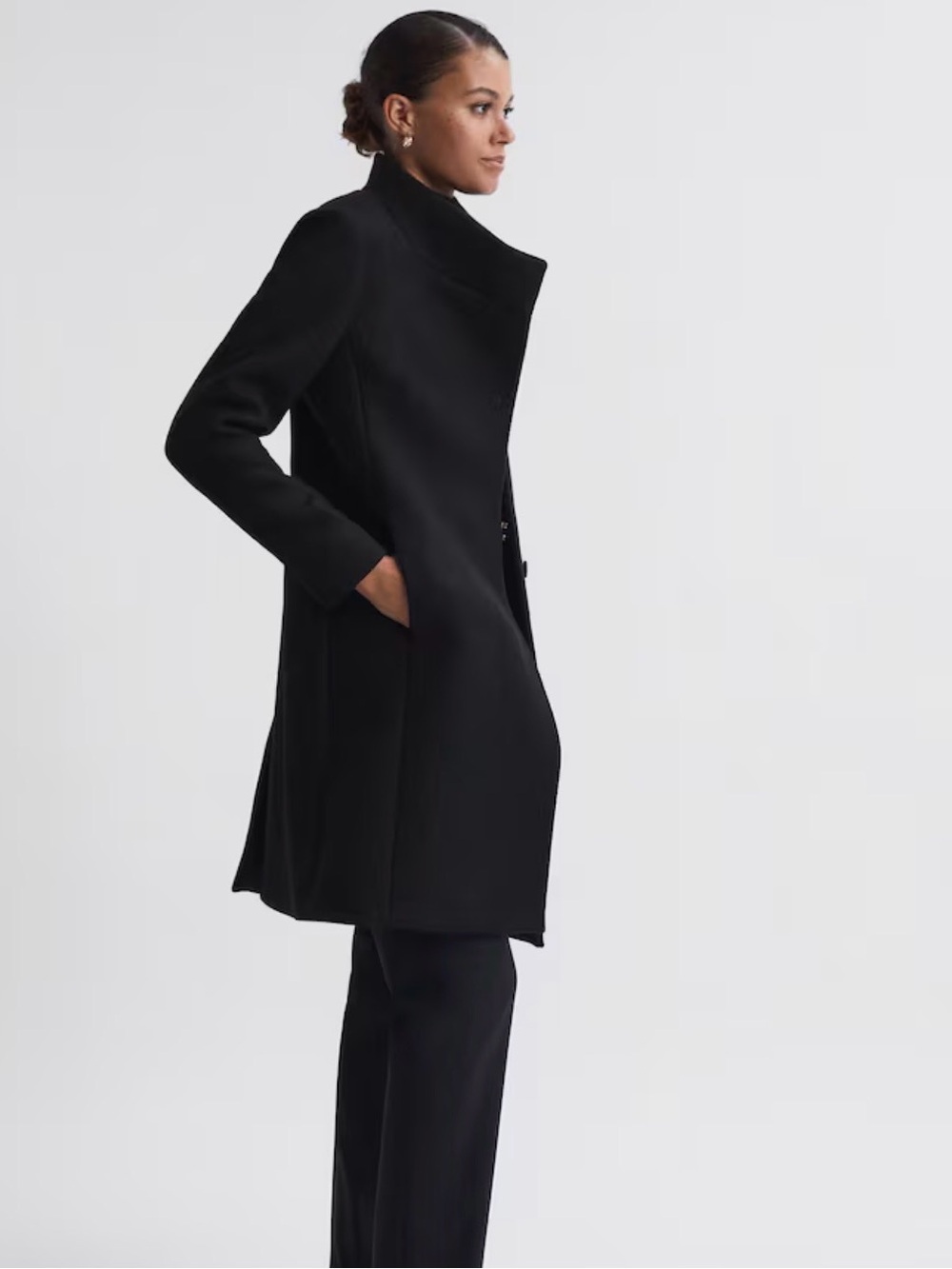 REISS Havana Tailored Wool Blend Stand Collar Coat - Black XS designer cozy